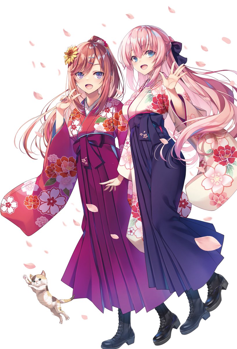 2girls animal bangs black_footwear blue_eyes blush boots bow brown_hair cat character_request commentary_request eyebrows_visible_through_hair floral_print flower full_body hair_bow hair_flower hair_ornament hairclip hakama hakama_skirt hand_up highres ichinose_honami_(youjitsu) japanese_clothes kimono long_hair long_sleeves looking_at_viewer multiple_girls official_art open_mouth petals pink_hair purple_eyes shiny shiny_hair simple_background skirt smile tied_hair tomose_shunsaku v white_background wide_sleeves youkoso_jitsuryoku_shijou_shugi_no_kyoushitsu_e