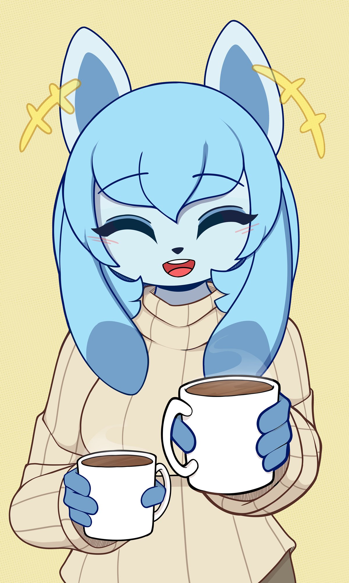 2021 anthro beverage blush clothing coffee container cup digital_media_(artwork) eeveelution eyes_closed female glaceon hi_res holding_cup holding_object nintendo open_mouth open_smile pinkcappachino pok&eacute;mon pok&eacute;mon_(species) simple_background smile solo sweater topwear video_games