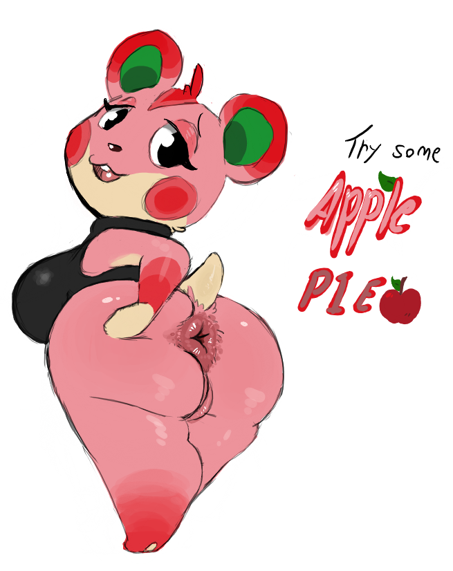 2020 animal_crossing anthro anus apple_(animal_crossing) big_butt bottomless bottomless_female butt clothed clothing cricetid curvy_figure english_text female full-length_portrait fur genitals hamster looking_at_viewer looking_back looking_back_at_viewer mammal nintendo pink_body pink_fur portrait presenting presenting_anus pussy rear_view rodent roy_mccloud simple_background solo spread_anus spread_butt spreading standing text video_games voluptuous white_background