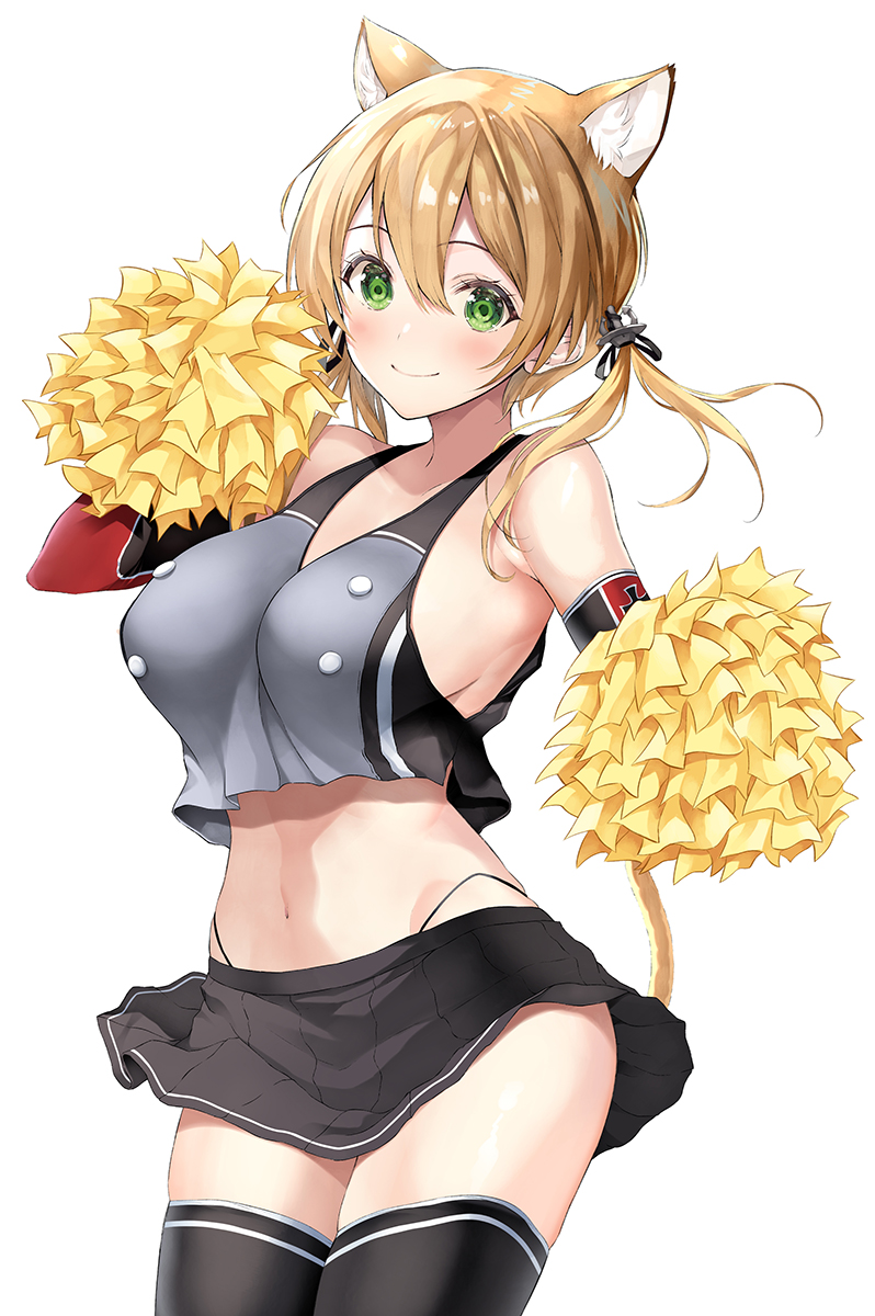 1girl adapted_costume animal_ears black_legwear black_skirt blonde_hair blush breasts cat_ears cat_tail cheering cheerleader closed_mouth collarbone cowboy_shot green_eyes hair_between_eyes highres holding holding_pom_poms inuzumi_masaki kantai_collection large_breasts long_hair low_twintails miniskirt navel pleated_skirt pom_pom_(cheerleading) prinz_eugen_(kancolle) simple_background skirt smile solo tail thighhighs twintails white_background