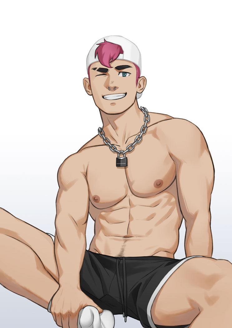 1boy abs bara chain hat koji_(wildlhz) large_pectorals lock male_focus mature_male muscular muscular_male navel_hair nipples nose_piercing ori original pectoral_cleavage pectorals piercing r shorts smile socks thick_eyebrows