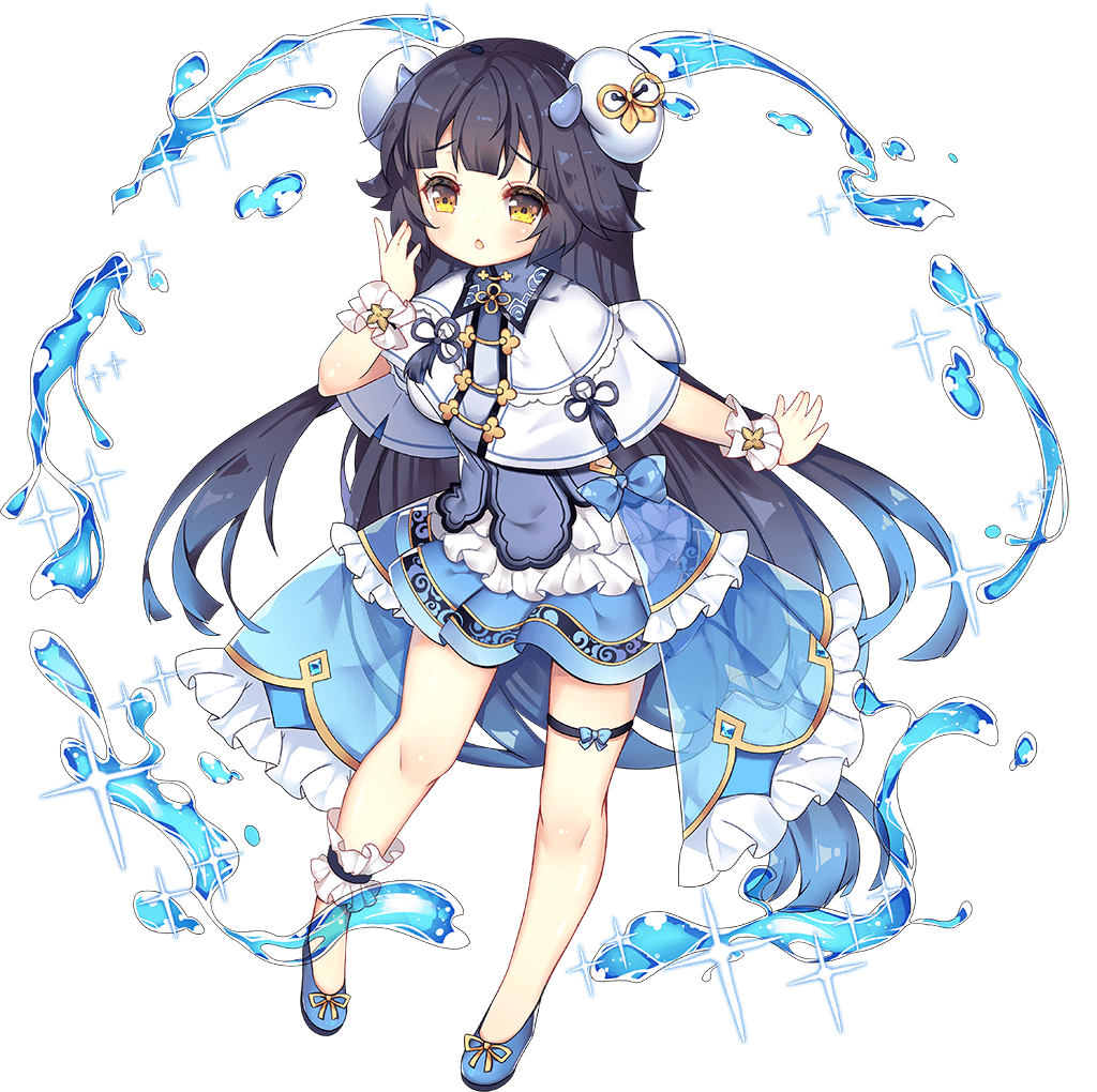 1girl ankle_garter ark_order blue_bow blue_dress blue_footwear blush bow breasts bun_cover capelet cleavage detached_sleeves double_bun dress flower footwear_ribbon full_body horns legs lotus official_art open_mouth ribbon shoes short_sleeves solo sparkle tachi-e thigh_bow thigh_strap transparent_background tsukimi_(xiaohuasan) two_side_up wangliang_(ark_order) water white_capelet wrist_cuffs yellow_eyes yellow_ribbon