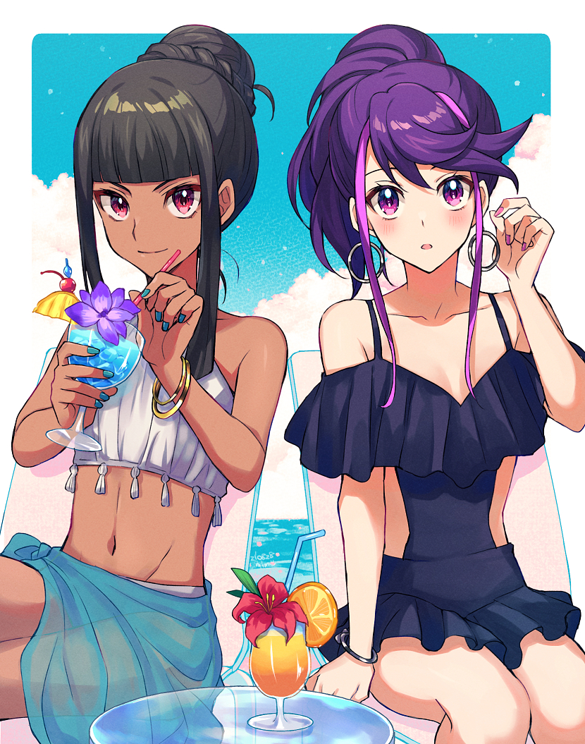 2girls bangs bare_arms bikini black_hair black_swimsuit blue_nails blunt_bangs bracelet braid breasts casual_one-piece_swimsuit cleavage closed_mouth collarbone cup dark-skinned_female dark_skin drinking_straw earrings flower food fruit high_ponytail holding holding_cup jewelry kotsu_masumi kurosaki_ruri lemon lemon_slice long_hair looking_at_viewer midriff mikami_(mkm0v0) multicolored_hair multiple_girls nail_polish navel off-shoulder_one-piece_swimsuit off_shoulder one-piece_swimsuit open_mouth pink_hair pink_nails purple_flower purple_hair red_eyes red_flower sarong shiny shiny_hair sidelocks sitting small_breasts smile stomach swimsuit two-tone_hair white_bikini yu-gi-oh! yu-gi-oh!_arc-v