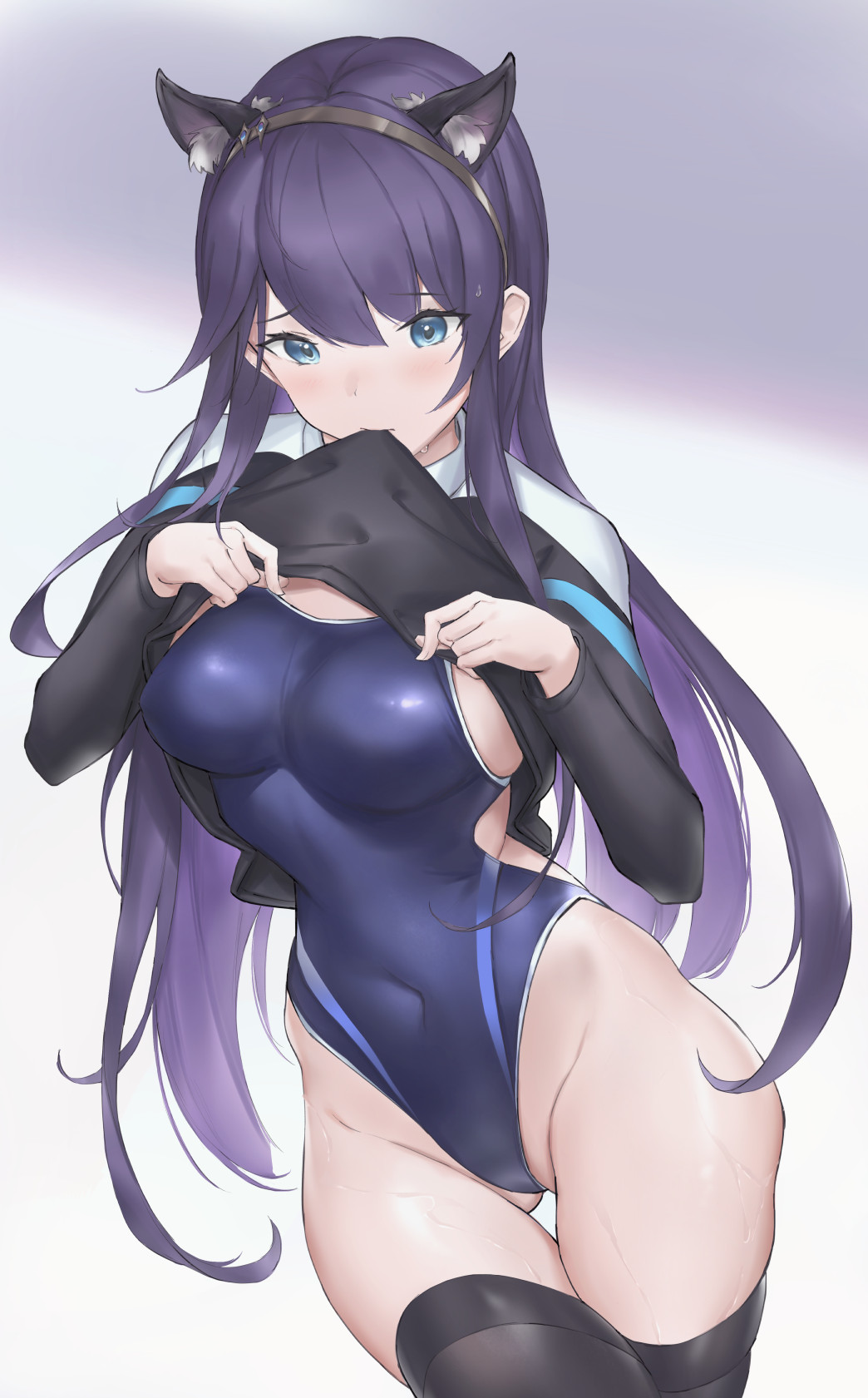 1girl animal_ears black_hair black_legwear black_shirt blue_eyes cat_ears commentary_request commission competition_school_swimsuit covered_navel cowboy_shot highres lifted_by_self long_hair long_sleeves looking_at_viewer mouth_hold original parfaitlate shirt solo standing swimsuit thighhighs