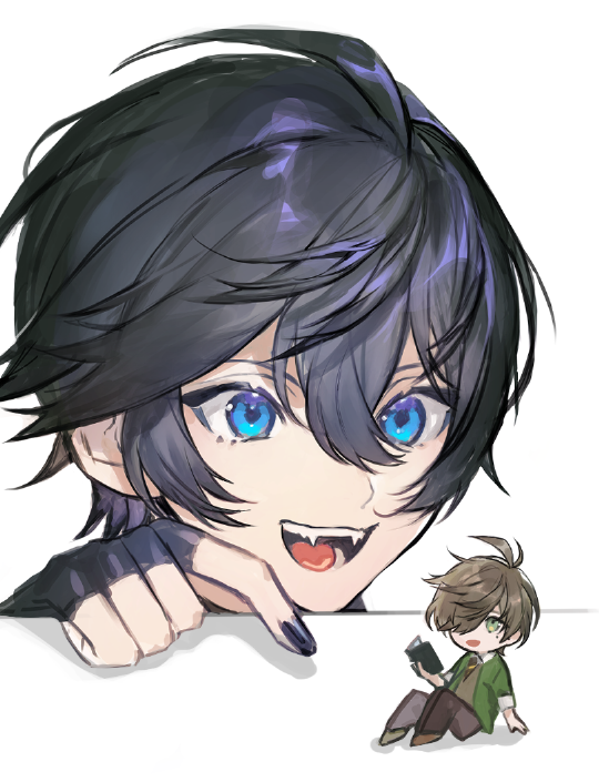 2boys :d ahoge bangs black_hair black_nails blue_eyes book brown_hair brown_pants chibi commentary_request eye_contact fangs green_eyes green_jacket hair_between_eyes hair_over_one_eye head holding holding_book jacket looking_at_another male_focus multiple_boys nanaji_(umei234) open_mouth pants pointing short_hair simple_background sitting smile swept_bangs tongue white_background