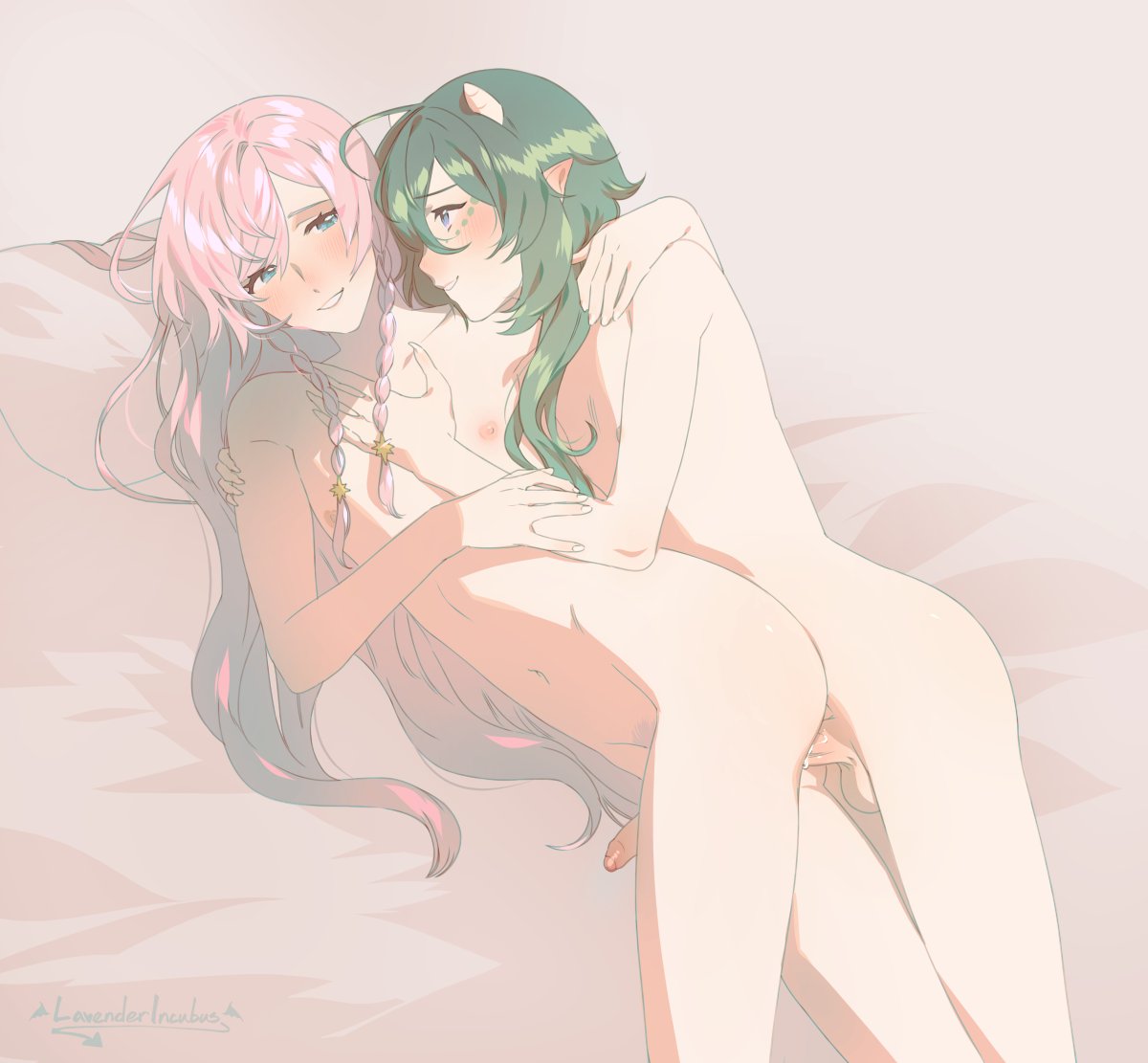 bed blue_eyes blush braided_hair duo facial_markings furniture genitals girly green_hair green_markings hair hand_on_another's_arm hand_on_another's_chest hand_on_another's_shoulder head_markings horn humanoid_pointy_ears long_hair lying magical_ondine male male/male markings navel nipples on_bed on_side penis pink_hair smile white_body white_horn white_skin
