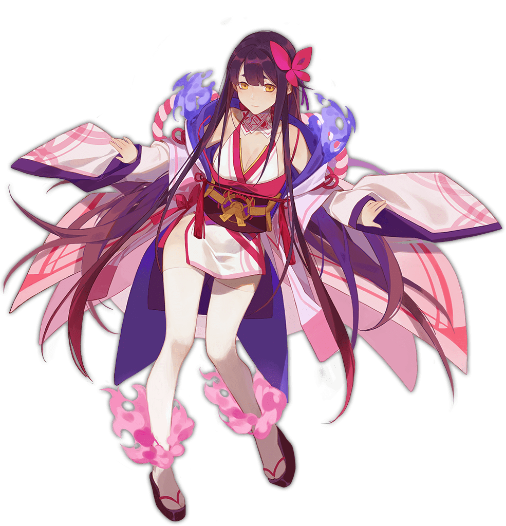 1girl ark_order bangs black_footwear blue_bow bow breasts cleavage fire full_body hair_bow japanese_clothes kagutsuchi_(ark_order) kimono large_breasts long_hair long_sleeves obi official_art ofuda okobo pink_bow pink_fire purple_hair red_cucumber sash sidelocks solo tachi-e thighhighs transparent_background very_long_hair white_kimono white_legwear wide_sleeves yellow_eyes
