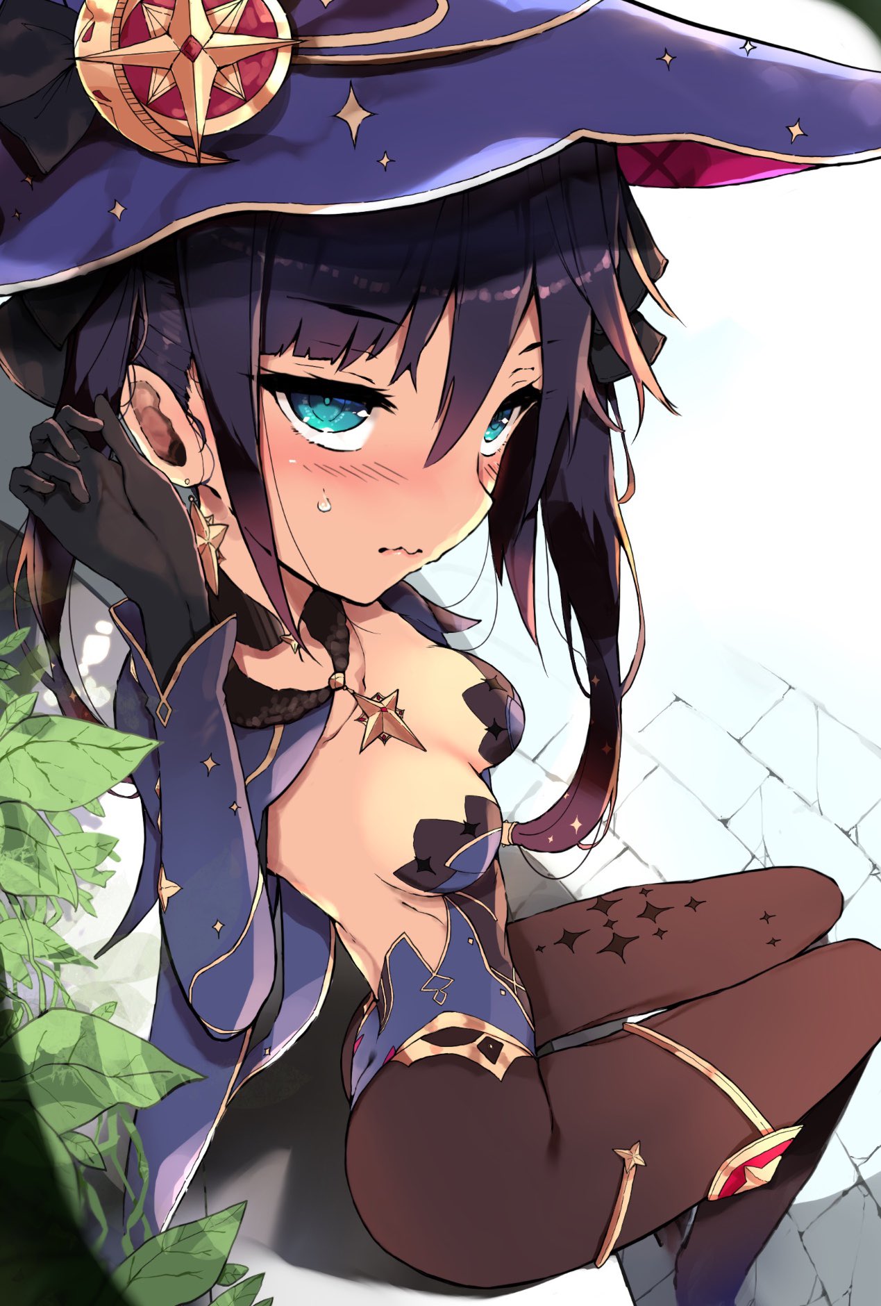 1girl arm_up bangs black_gloves black_hair black_legwear blue_capelet blue_headwear blue_leotard breasts capelet cleavage elbow_gloves eyebrows_visible_through_hair from_above fur_trim genshin_impact gloves green_eyes hair_between_eyes hair_ornament hat highres leotard long_hair looking_at_viewer looking_to_the_side mona_(genshin_impact) on_bench pantyhose plant sitting solo sweatdrop thighlet twintails venomrobo witch_hat