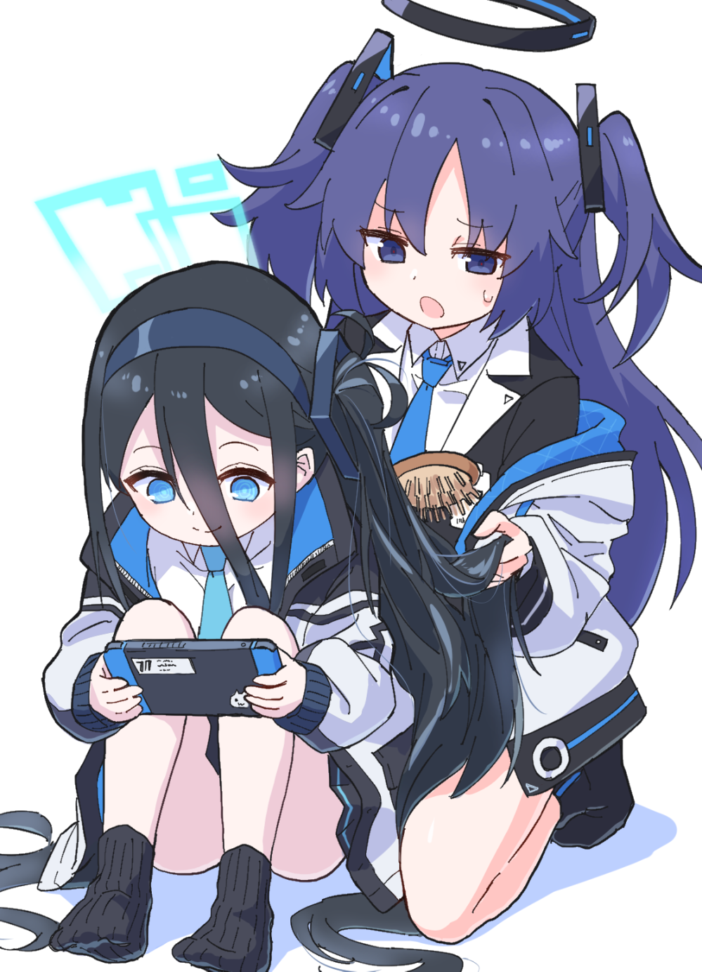 2girls aqua_eyes arisu_(blue_archive) black_hair black_legwear black_skirt blue_archive collared_shirt comb combing dress_shirt game_console hairband handheld_game_console highres holding holding_hair jacket kneeling long_hair looking_at_another multiple_girls necktie off_shoulder open_mouth paskmel pleated_skirt purple_eyes purple_hair shadow shirt side_ponytail sidelocks simple_background sitting skirt socks suit_jacket sweat twintails very_long_hair white_background yuuka_(blue_archive)