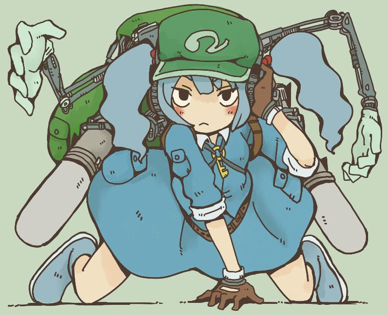 1girl backpack bag belt blue_dress blue_footwear blue_hair blush boots brown_gloves dress gloves green_headwear hair_bobbles hair_ornament hat head headphones headset kawashiro_nitori key kishiinu machinery mechanical_arms skirt solo tank_(container) touhou twintails