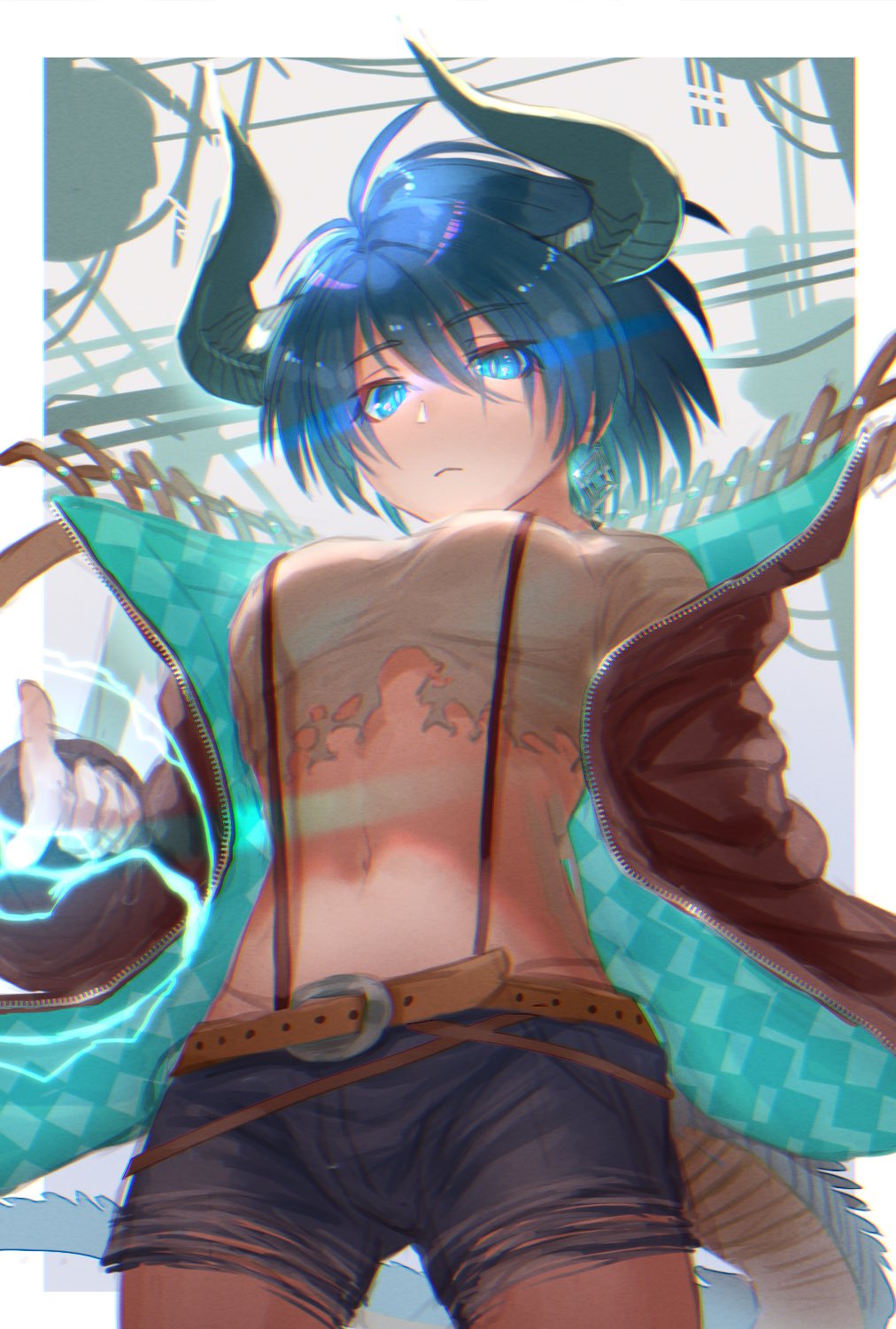 1girl :&lt; bangs belt biri_(artist) black_jacket blue_eyes blue_hair breasts checkered closed_mouth commentary_request copyright_request cowboy_shot crop_top denim denim_shorts eyebrows_visible_through_hair from_below glowing glowing_eyes hair_between_eyes highres horns jacket looking_at_viewer medium_breasts midriff navel open_clothes open_jacket short_hair shorts solo standing suspenders tail tank_top torn_clothes zipper