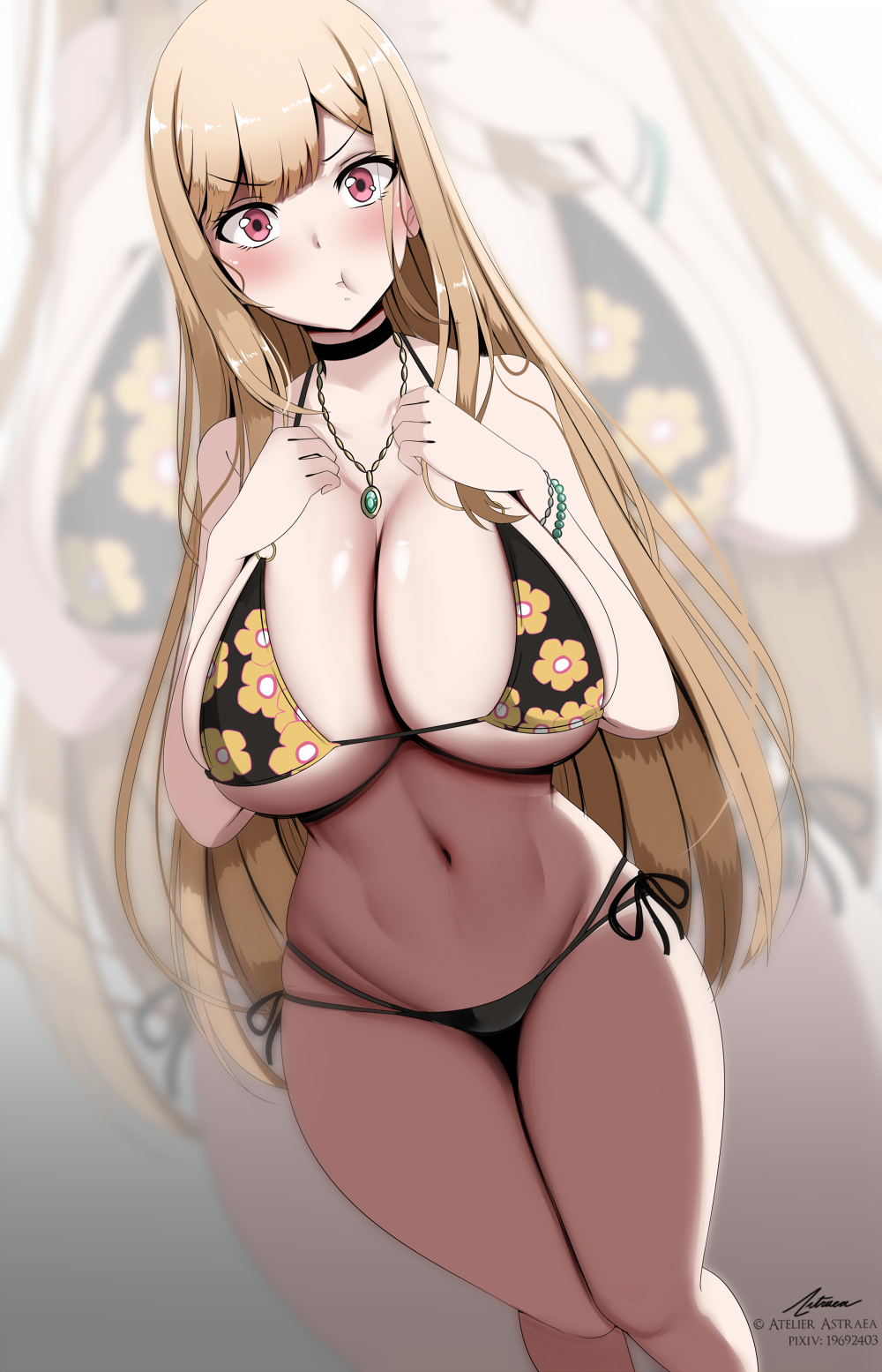 1girl :t astraea_(atelierastraea) bangs bikini black_bikini black_choker blonde_hair blush bracelet breasts choker cleavage closed_mouth commentary_request eyebrows_visible_through_hair floral_print gem hands_on_own_chest hands_up highres jewelry kitagawa_marin large_breasts long_hair looking_at_viewer navel necklace o-ring o-ring_bikini pout print_bikini red_eyes reward_available side-tie_bikini signature solo sono_bisque_doll_wa_koi_wo_suru standing stomach swimsuit tareme thighs very_long_hair zoom_layer