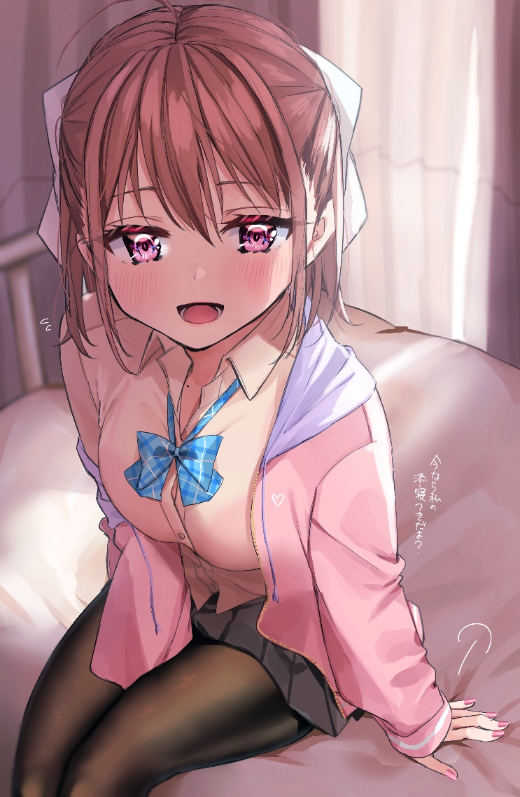 1girl ahoge bed between_legs blush bow bowtie breasts brown_hair chigusa_minori commentary_request dress_shirt hair_bow hand_between_legs invitation jacket large_breasts looking_at_viewer miniskirt off_shoulder open_clothes open_jacket open_mouth original pantyhose pink_eyes pink_jacket pink_nails school_uniform shirt short_hair skirt smile translation_request yellow_shirt