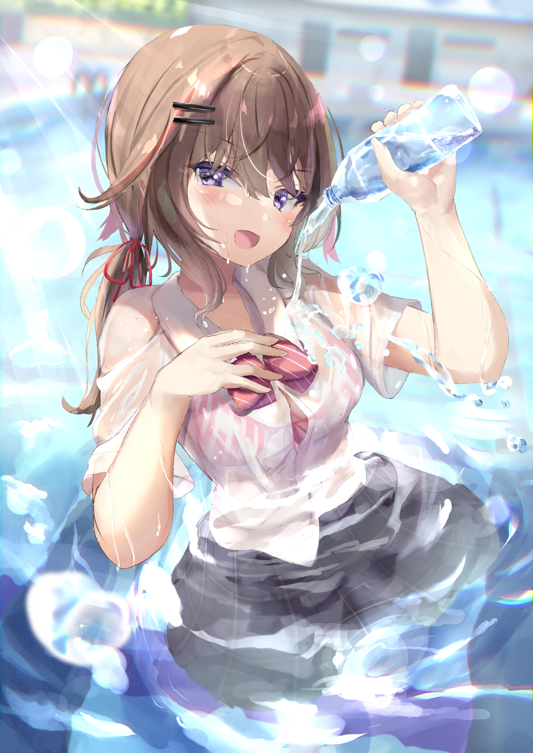 1girl :d bangs black_skirt blurry blurry_background bottle bra brown_hair collared_shirt commentary_request day depth_of_field dress_shirt eyebrows_visible_through_hair hair_between_eyes hair_ornament hairclip hand_up highres holding holding_bottle long_hair low_twintails moe2022 natuna_natu original outdoors pouring_onto_self purple_eyes revision school_uniform see-through shirt skirt smile solo striped striped_bra twintails underwear vertical-striped_bra vertical_stripes water water_bottle wet wet_clothes wet_shirt