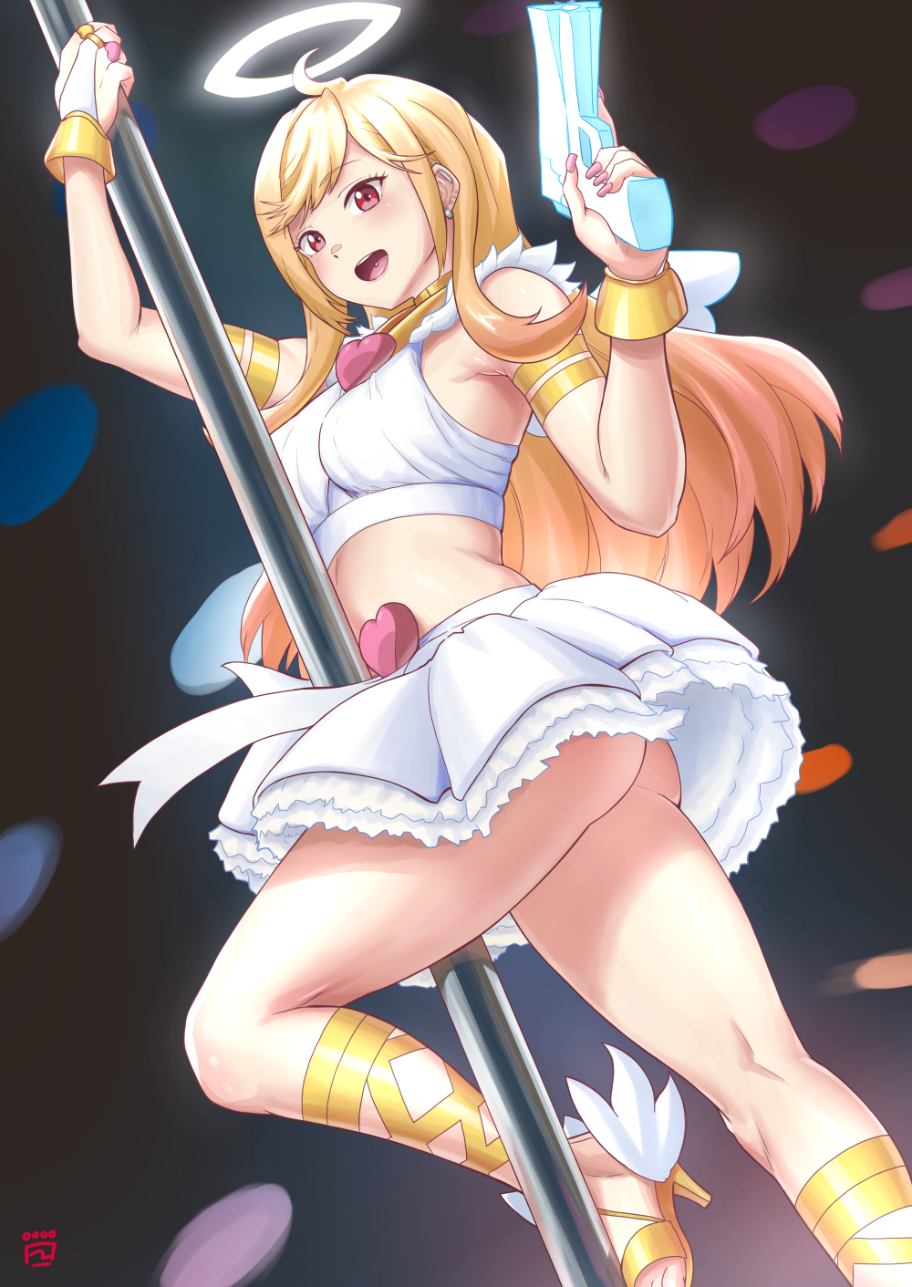 :d armband ass blonde_hair blush cosplay earrings finalcake fingerless_gloves gloves halo high_heels highres jewelry kitagawa_marin long_hair midriff multiple_earrings panty_&amp;_stocking_with_garterbelt panty_(psg) panty_(psg)_(cosplay) piercing pole pole_dancing red_eyes shirt single_glove skirt sleeveless sleeveless_shirt smile sono_bisque_doll_wa_koi_wo_suru tongue_piercing white_gloves white_shirt white_skirt