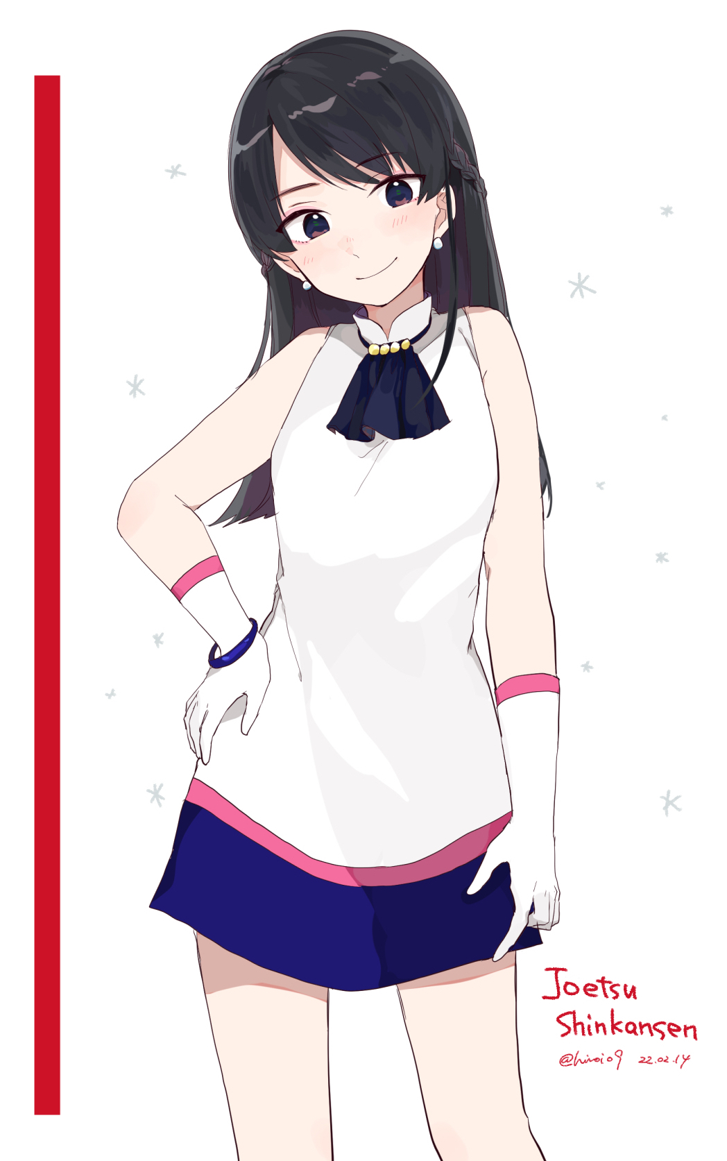 1girl black_hair black_neckwear braid dated earrings gloves hand_on_hip highres hiroe_(cosmos_blue-02_421) jewelry looking_at_viewer original pearl_earrings personification shirt simple_background sleeveless smile solo standing white_gloves white_shirt