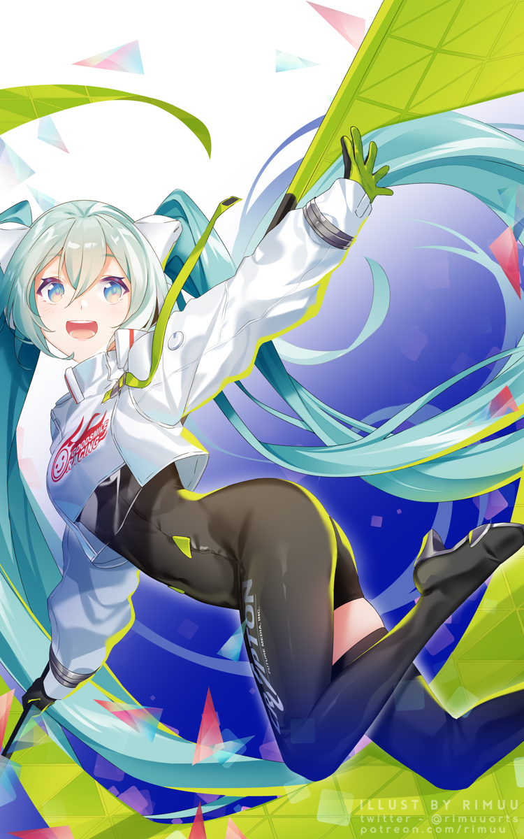 1girl :d absurdly_long_hair aqua_eyes aqua_hair artist_name ass asymmetrical_legwear black_gloves black_legwear blue_eyes blue_hair bodysuit breasts covered_navel cropped_legs flag floating_hair from_side gloves goodsmile_racing green_gloves hair_ornament hatsune_miku high_heels highres holding holding_flag jacket jumping long_hair open_hand open_mouth outstretched_arms patreon_username racing_miku racing_miku_(2022) rimuu single_thighhigh skin_tight small_breasts smile solo thighhighs twintails twitter_username two-tone_gloves very_long_hair vocaloid web_address white_jacket