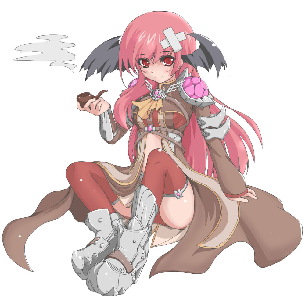 1girl armored_boots bangs black_wings blush boots breasts brown_coat closed_mouth coat commentary_request crossed_bandaids eyebrows_visible_through_hair full_body head_wings holding holding_pipe long_hair long_sleeves looking_at_viewer medium_breasts official_alternate_costume pink_hair pipe prototype ragnarok_online red_eyes red_legwear rune_knight_(ragnarok_online) shimotsuki_nozomi simple_background sitting smile smoke solo split_mouth thighhighs vambraces white_background wings