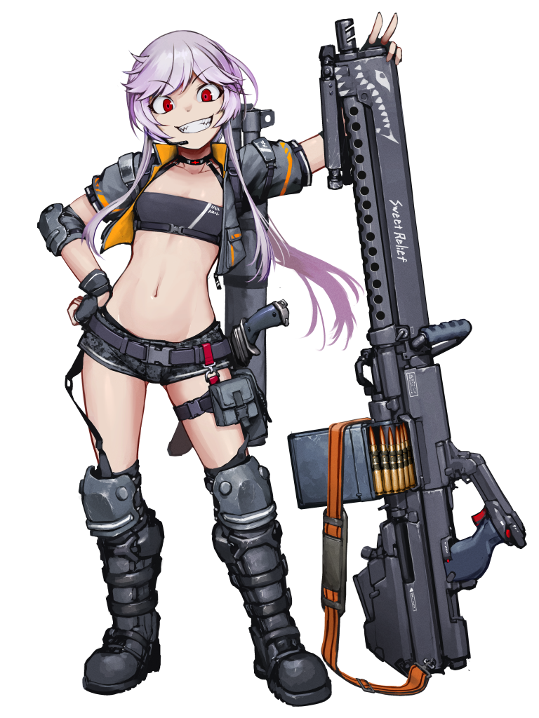 1girl ammunition_belt belt belt_pouch black_gloves black_tube_top boots breasts camouflage camouflage_shorts dairoku_ryouhei elbow_pads english_text fingerless_gloves full_body gloves grey_footwear grey_jacket gun hand_on_hip headset hetza_(hellshock) jacket knife long_hair looking_at_viewer machine_gun navel nose_art pink_hair pouch red_eyes shark_nose_art sheath sheathed short_shorts shorts sidelocks small_breasts smile solo standing strapless teeth transparent_background tube_top v weapon