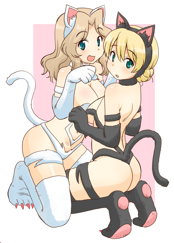 2girls alternate_eye_color animal_costume animal_ears animal_hands aqua_eyes armband back bare_shoulders black_clothes black_gloves black_legwear blonde_hair blue_eyes blush braid breasts cat_costume cat_day claws cleavage collar darjeeling_(girls_und_panzer) elbow_gloves eyebrows_visible_through_hair fake_animal_ears fake_tail girls_und_panzer gloves hair_between_eyes kay_(girls_und_panzer) kneeling legs looking_at_viewer looking_back medium_hair multiple_girls navel open_mouth paw_gloves paw_pose paw_shoes pawpads pink_background revealing_clothes short_hair shoulder_blades smile tail thigh_strap thighhighs thighs uona_telepin white_gloves white_legwear