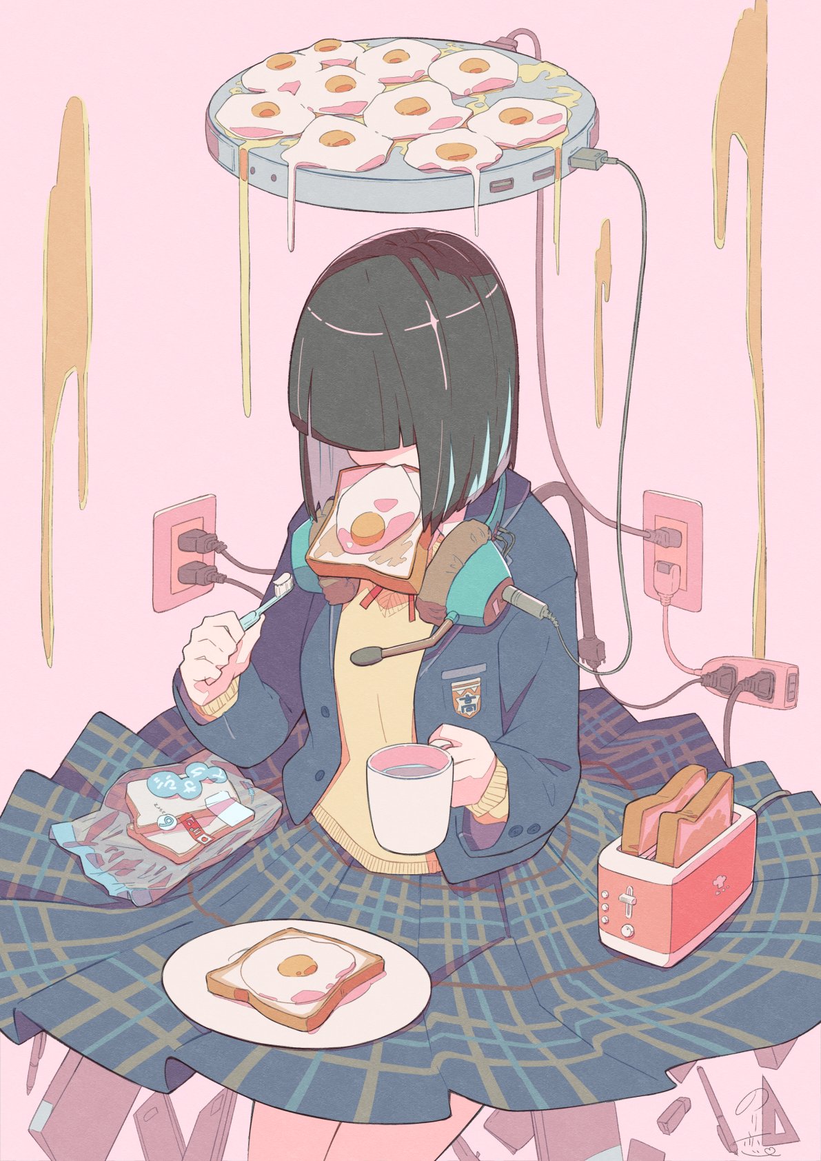 1girl bag black_hair book bread_slice commentary_request cup eraser food food_in_mouth fried_egg fried_egg_on_toast grease green_skirt headphones headphones_around_neck highres holding holding_cup holding_toothbrush medium_hair mouth_hold norikoi original pen pink_background plaid plaid_skirt plastic_bag plate pleated_skirt plug protractor skirt solo toast toast_in_mouth toaster toothbrush
