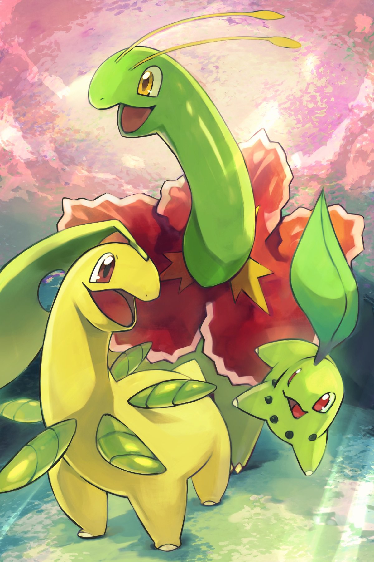 :d animal animal_focus bayleef chikorita commentary evolution flower gara_(qbeuxvii22) highres leaf looking_at_another meganium no_humans open_mouth outdoors pokemon pokemon_(creature) red_eyes smile sunlight tongue yellow_eyes