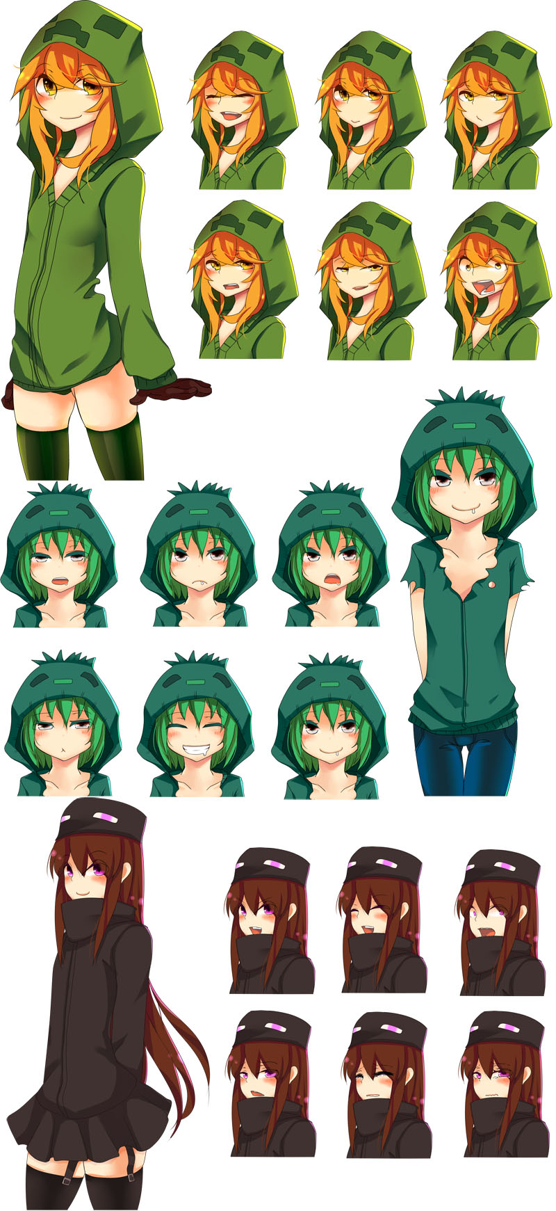 1boy 2girls ander_(at2.) at2. black_gloves black_legwear black_skin brown_eyes brown_hair collarbone colored_skin creeper cupa_(at2.) denim enderman expressions eyebrows_visible_through_hair garter_straps gloves green_hair green_hoodie green_legwear grey_eyes highres hood hood_up hoodie jeans long_hair long_sleeves looking_at_viewer medium_hair minecraft multiple_girls orange_hair original otoko_no_ko pants personification purple_eyes short_hair thighhighs yaebi_(at2.) zombie_(minecraft)