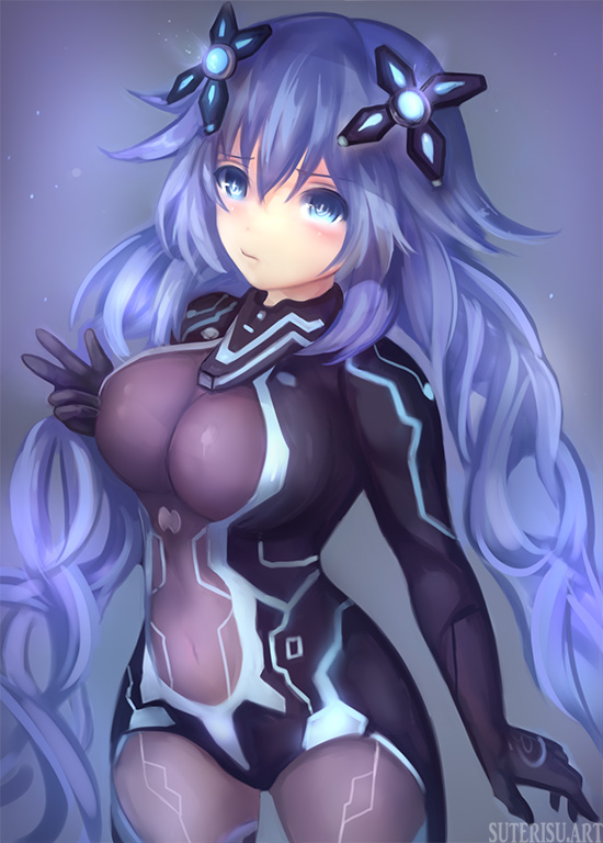 1girl artist_name blue_eyes blush bodysuit breasts closed_mouth commentary_request covered_navel cowboy_shot hair_between_eyes headgear large_breasts long_hair looking_at_viewer neptune_(series) next_purple power_symbol purple_hair skin_tight solo suterisu symbol-shaped_pupils very_long_hair