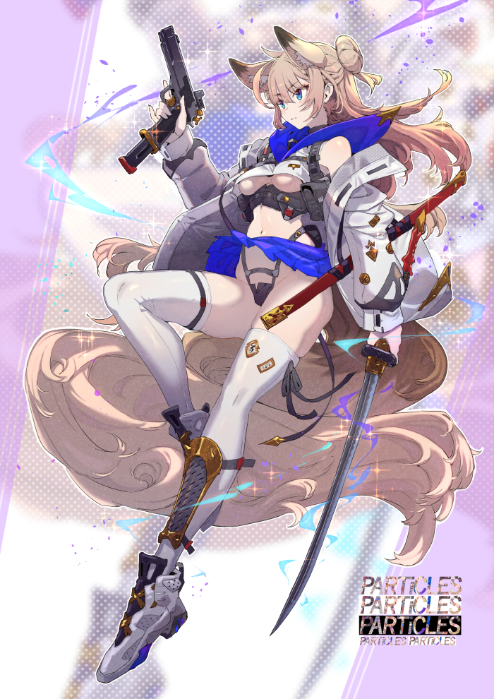1girl animal_ears blonde_hair blue_eyes blue_skirt boots breasts brown_hair closed_mouth clothing_request commentary commentary_request english_text fox_ears fox_girl fox_tail gun holding holding_weapon long_hair looking_away original sheath skirt sword tail tajima_ryuushi thigh_boots thighhighs underboob weapon weapon_request