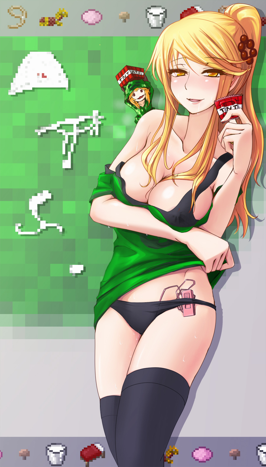 2girls at2. blonde_hair blush breasts brown_eyes chibi cleavage condom condom_wrapper creeper cupa_(at2.) eyebrows_visible_through_hair green_shirt highres holding holding_condom large_breasts lips long_hair looking_at_viewer minecraft multiple_girls original parted_lips personification ponytail saliva sex_toy shirt smile thighhighs undressing vibrator vibrator_in_thighhighs