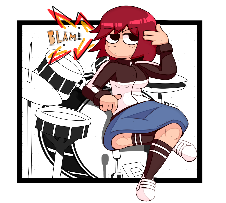 bottomwear breasts character_request clothed clothing drum female hair human imitating lenomon mammal musical_instrument not_furry percussion_instrument red_hair scott_pilgrim_vs._the_world skirt solo suicidal