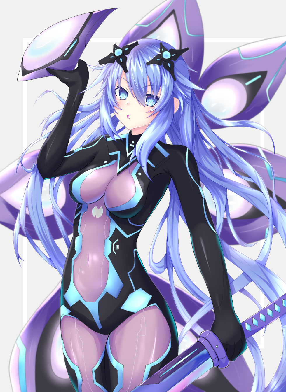 1girl arm_up bangs blue_eyes blush bodysuit breasts commentary_request covered_navel cowboy_shot eyebrows_visible_through_hair hair_between_eyes headgear highres holding holding_sword holding_weapon kumari7 long_hair looking_at_viewer neptune_(series) next_purple open_mouth power_symbol purple_hair skin_tight solo standing sword symbol-shaped_pupils very_long_hair weapon