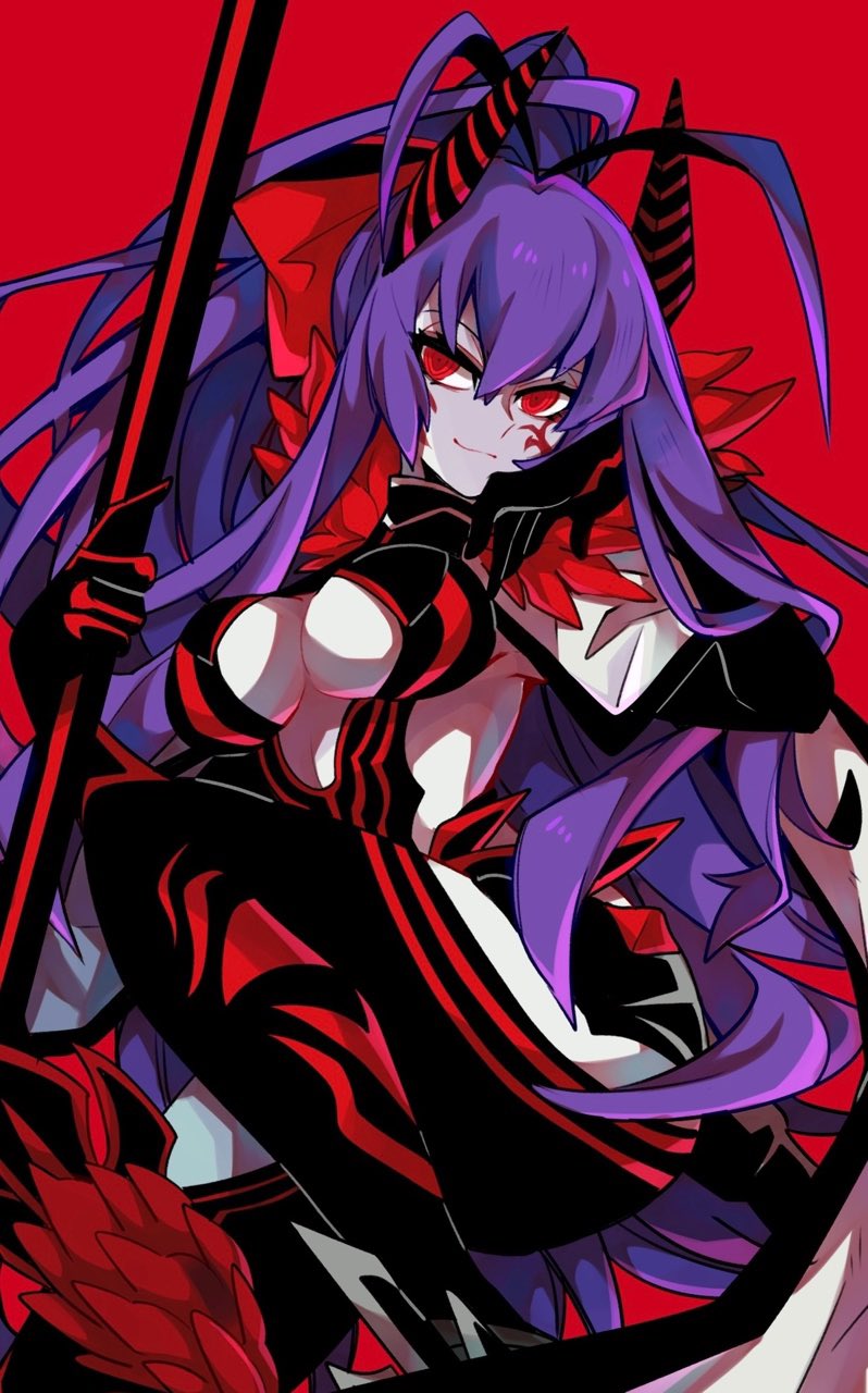 1girl ahoge another_dark_mai antenna_hair armpits backless_outfit black_pants blazblue blazblue_alternative:_dark_war blue_hair bow breasts cape cleavage colored_skin dark_persona evil_smile facial_tattoo grey_skin halter_top halterneck hand_on_own_face highres holding holding_polearm holding_weapon horns large_breasts lowleg lowleg_pants mai_natsume mako_gai mechanical_tail outseal pants polearm ponytail red_background red_bow red_eyes revealing_clothes simple_background smile solo spear tail tattoo weapon white_cape