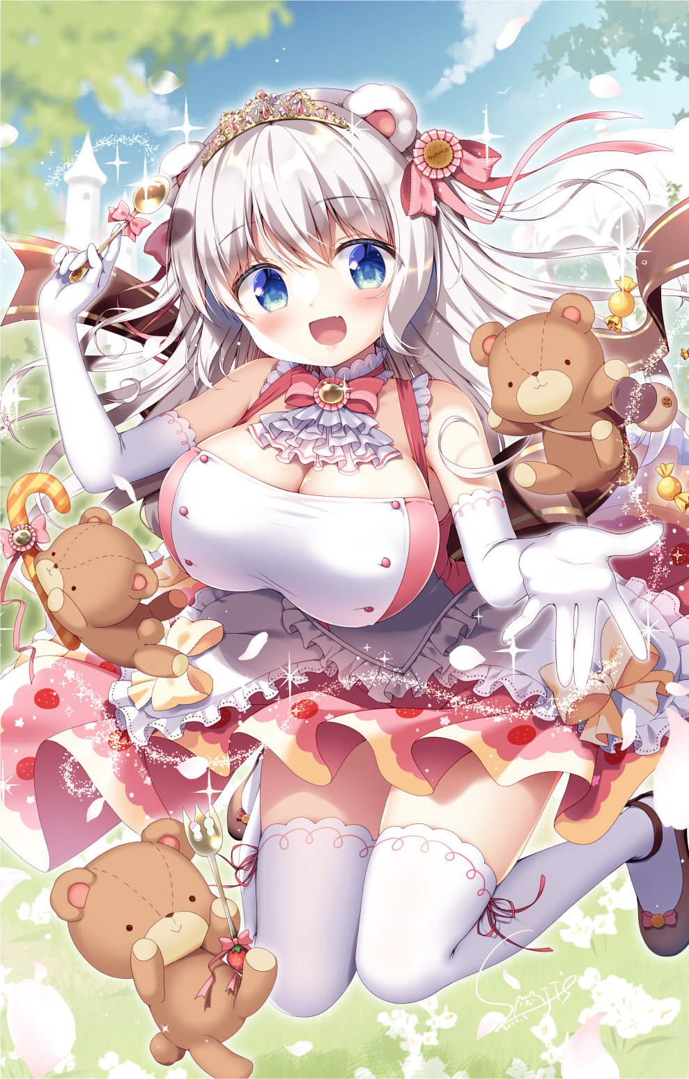 1girl :d animal_ears bangs bare_shoulders bear_ears blue_eyes breasts candy commentary_request elbow_gloves eyebrows_visible_through_hair food frills gloves hair_between_eyes highres holding holding_spoon large_breasts long_hair looking_at_viewer open_mouth original sasai_saji signature smile solo sparkle spoon spork stuffed_animal stuffed_toy teddy_bear thighhighs tiara white_gloves white_hair white_legwear