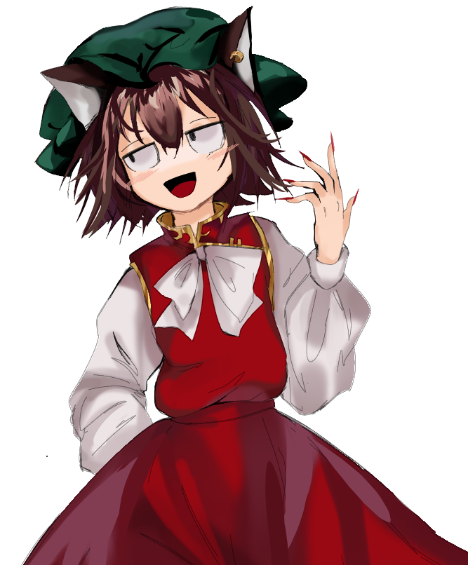 1girl animal_ears bangs bow brown_hair cat_ears chen dress earrings green_headwear hand_up hat jewelry long_sleeves looking_to_the_side mob_cap nail_polish perfect_cherry_blossom pillow_hat portrait red_dress red_nails red_skirt rrssrr short_hair simple_background single_earring skirt solo touhou white_background white_bow