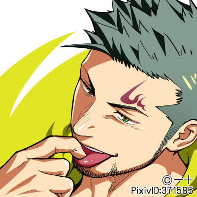 1boy commentary_request facial_hair green_eyes green_hair green_shirt gyee hood hoodie itto_(mentaiko) lowres male_focus priapus priapus_a._tarou shirt smile tattoo tongue tongue_out