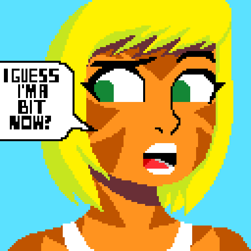 alien anthro blonde_hair bob_cut digital_media_(artwork) eyebrows facial_markings felid female fur green_eyes hair head_markings kitraandra liquidmark looking_aside mammal markings open_mouth orange_body orange_fur pantherine pixel_(artwork) raised_eyebrow solo stripes tiger varkeeg