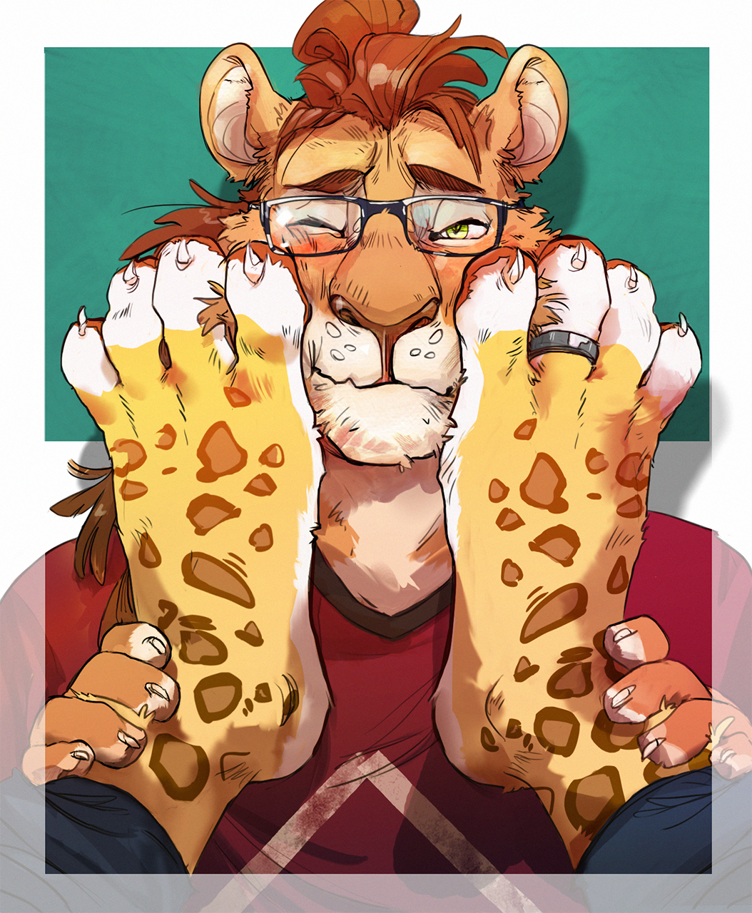 4_toes anthro arcticlion bottomwear clothing digit_ring duo eyewear feet felid foot_focus foot_on_face glasses hi_res hindpaw jewelry leopard lion male male/male mammal pantherine pants paws plantigrade ring shirt toe_ring toes topwear