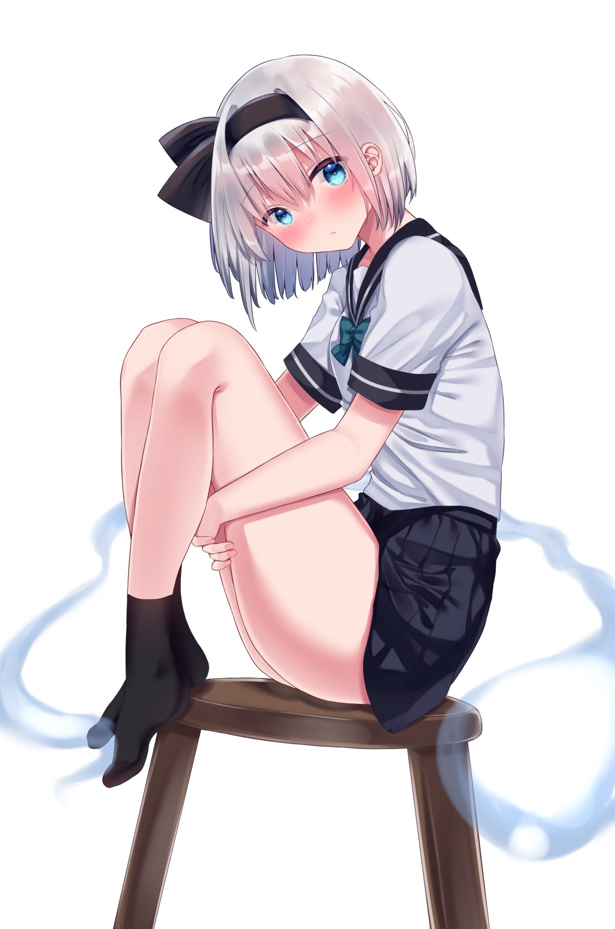 1girl adapted_costume black_hairband black_legwear black_ribbon black_sailor_collar black_skirt blue_eyes commentary_request eyebrows_visible_through_hair hairband highres konpaku_youmu konpaku_youmu_(ghost) looking_at_viewer otowa_(otoha4634) pleated_skirt ribbon sailor_collar school_uniform serafuku shirt silver_hair simple_background sitting skirt socks touhou white_background white_shirt