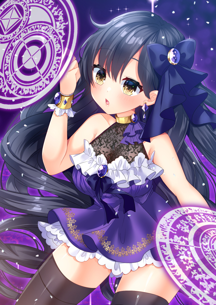 1girl bangs bare_shoulders black_hair black_legwear blue_bow bow breasts brown_eyes cleavage commentary_request dress earrings eyebrows_visible_through_hair hair_between_eyes hair_bow hand_up jewelry long_hair magic_circle medium_breasts misaki_(misaki86) original parted_lips purple_dress sleeveless sleeveless_dress solo thighhighs very_long_hair wrist_cuffs