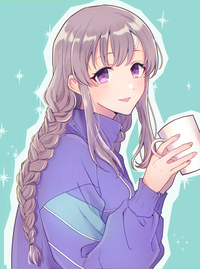 1girl :d bandaid bandaid_on_face blue_background braid codamaxxx coffee_mug cup grey_hair holding holding_cup idolmaster idolmaster_shiny_colors jersey looking_at_viewer looking_to_the_side mug outline purple_eyes simple_background smile solo sparkle_print twin_braids white_outline yuukoku_kiriko