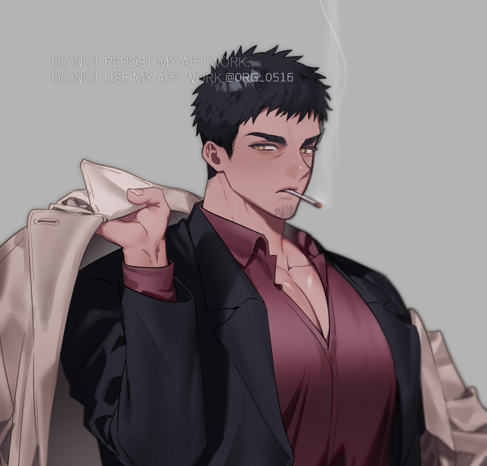 1boy artist_name bara beard black_hair cigarette facial_hair jacket looking_at_viewer male_focus mature_male mongz muscular muscular_male original pectoral_cleavage pectorals shirt smoke solo spiked_hair text_focus thick_eyebrows tight yellow_eyes