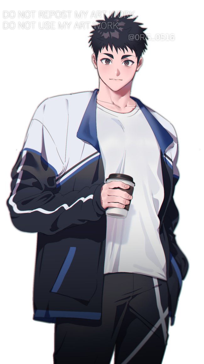 1boy artist_name black_hair blush brown_eyes cafe jacket looking_at_viewer male_focus mongz muscular muscular_male original pants shirt solo spiked_hair t-shirt text_focus thick_eyebrows track_pants