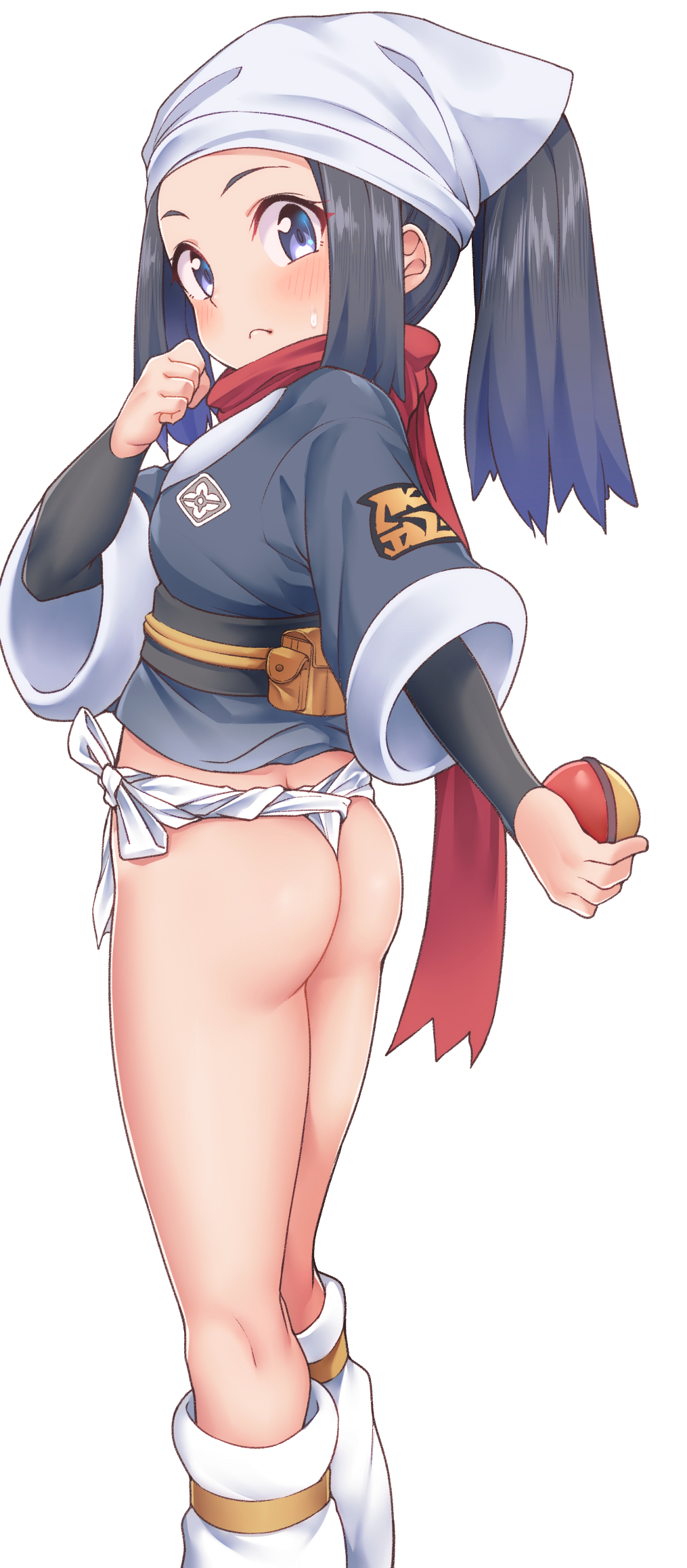 1girl akari_(pokemon) ass black_hair black_undershirt closed_mouth fundoshi galaxy_expedition_team_survey_corps_uniform head_scarf highres holding holding_poke_ball japanese_clothes kanabun long_hair looking_at_viewer poke_ball poke_ball_(legends) pokemon pokemon_(game) pokemon_legends:_arceus ponytail red_scarf scarf simple_background solo sweat thighs undershirt white_background white_headwear