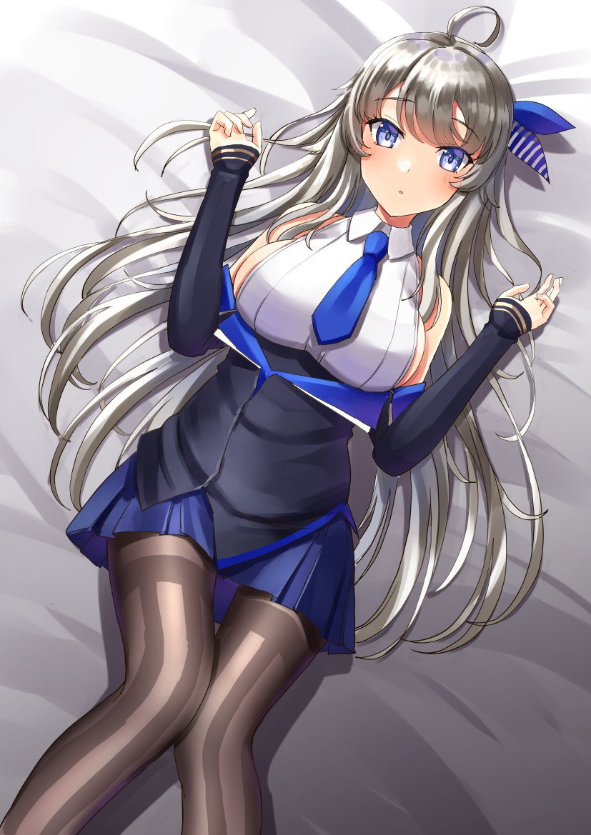 1girl ahoge bare_shoulders black_jacket black_legwear blue_necktie blue_neckwear breasts feet_out_of_frame grey_eyes jacket kantai_collection large_breasts long_hair looking_at_viewer lying mayura2002 military military_uniform necktie off_shoulder pantyhose pleated_skirt shirt silver_hair skirt sleeveless sleeveless_shirt solo uniform washington_(kancolle) white_shirt white_skirt