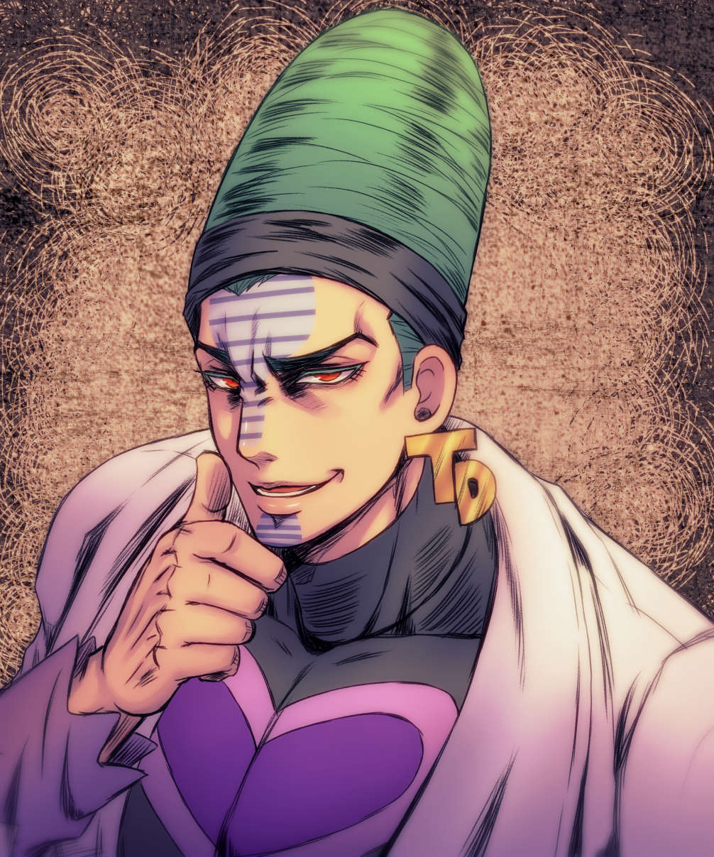 1boy beehive_hairdo chin_stroking earrings facial_mark green_hair headband highres jewelry jojo_no_kimyou_na_bouken male_focus red_eyes solo stardust_crusaders tanakaoften tattoo terence_t._d'arby thinking