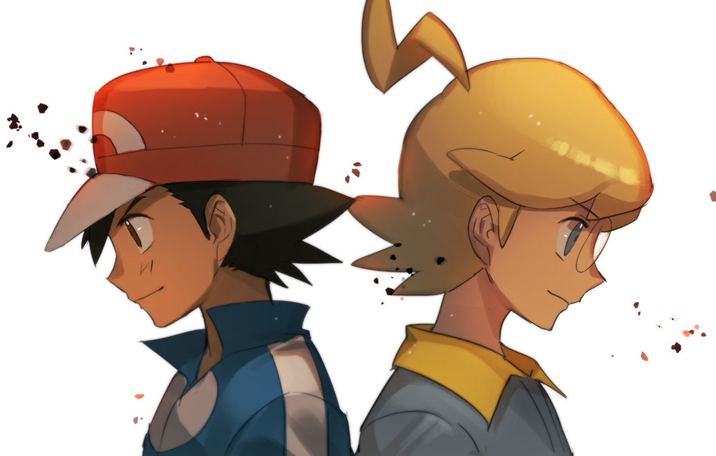 2boys ahoge ash_ketchum back-to-back baseball_cap black_hair blonde_hair blue_jacket brown_eyes clemont_(pokemon) closed_mouth cocaduel commentary_request glasses grey_eyes grey_jumpsuit hat jacket jumpsuit male_focus multiple_boys pokemon pokemon_(anime) pokemon_xy_(anime) round_eyewear short_hair simple_background smile white_background