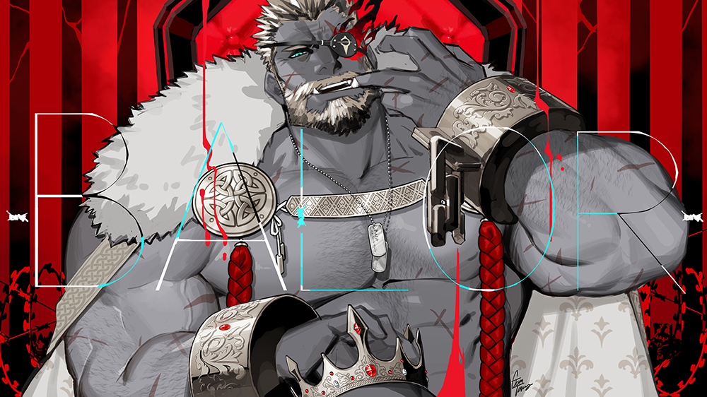 1boy abs balor_(housamo) bara beard black_hair blonde_hair blue_eyes cape chest_hair commentary crown cuffs dog_tags english_text eyepatch facial_hair flaming_eye fleur_de_lis_print fur-trimmed_cape fur_trim gomtang large_pectorals limited_palette looking_at_viewer male_focus mature_male multicolored_hair muscular muscular_male official_alternate_costume open_mouth pectorals red_background scar scar_on_arm scar_on_cheek scar_on_chest scar_on_face shackles short_hair smile solo text_focus tokyo_afterschool_summoners topless_male tusks two-tone_hair upper_body valentine