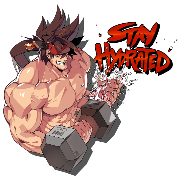 1boy abs bara bare_pectorals biceps brown_hair dumbbell flexing guilty_gear headband large_pectorals long_hair male_focus muscular muscular_male na_insoo nipples pectorals pose smile sol_badguy spiked_hair text_focus topless topless_male water