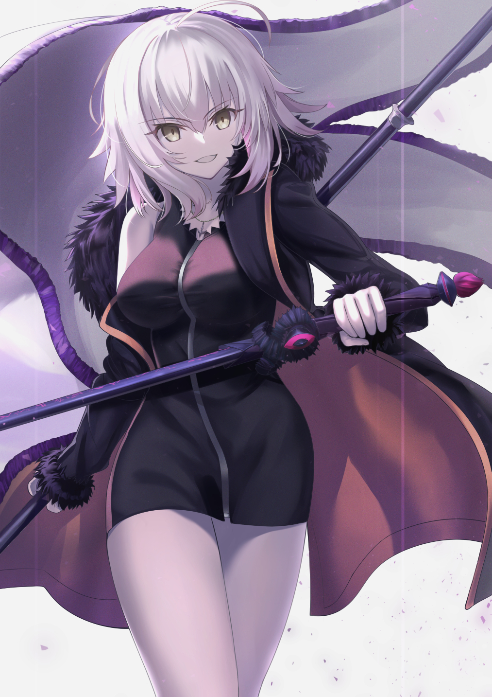 1girl bangs black_dress blue_coat breasts cleavage coat collarbone dress fate/grand_order fate_(series) fur-trimmed_coat fur_trim highres jeanne_d'arc_(alter)_(fate) jeanne_d'arc_(fate) jewelry large_breasts long_sleeves looking_at_viewer necklace neko_daruma open_clothes open_coat short_dress short_hair silver_hair thighs wicked_dragon_witch_ver._shinjuku_1999 yellow_eyes